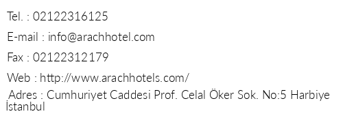 Arach Hotel Harbiye telefon numaralar, faks, e-mail, posta adresi ve iletiim bilgileri